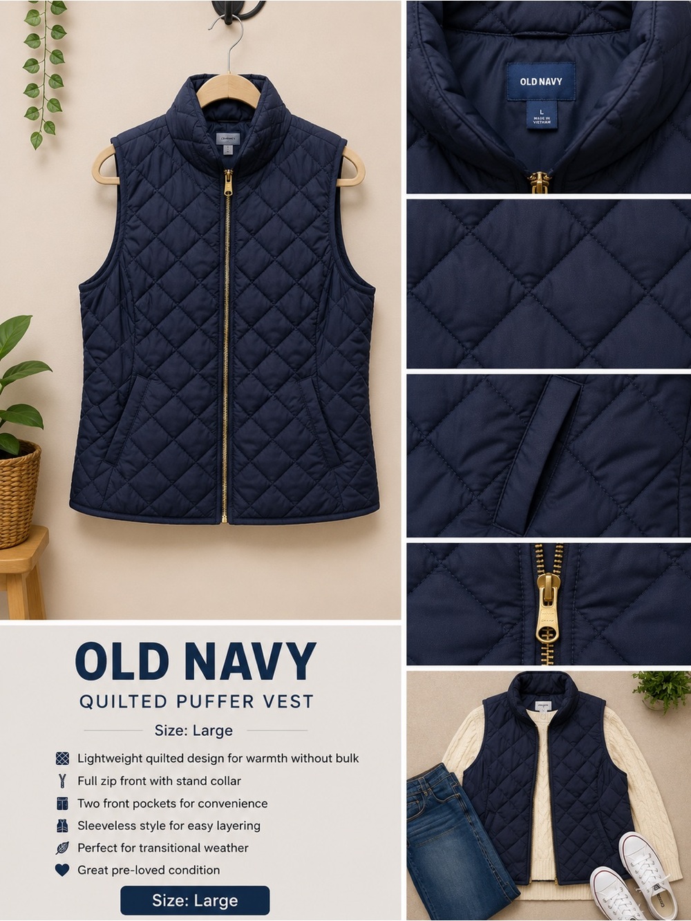 Old Navy Navy Quilted Puffer Vest - Full Zip
